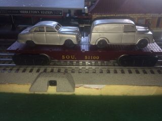 Marx Trains Maroon Southern Sou 51100 Flatbed Car Carrier W/ 2 Silver Vehicles