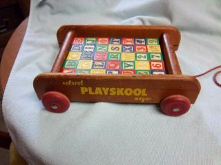 Vintage Playskool Wood Wagon With Blocks