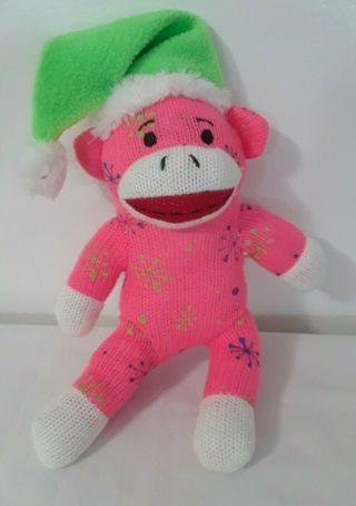Dandee 10 " Sock Monkey Pink Plush Toy Christmas Holiday Snowflakes & Green Hat