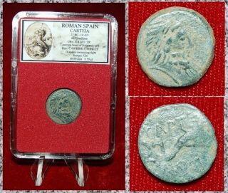 Ancient Coin Roman Spain Carteia Head Of Neptune On Obverse Dolphin Swimming