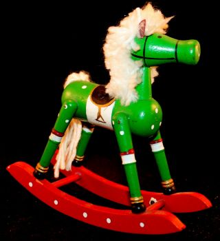 Vintage Handcrafted 7” Wooden Green Rocking Horse W/ Yarn Mane Christmas Decor