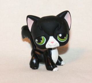 Littlest Pet Shop Lps Black Angora Cat 55 Green Eyes White Kitty Tuxedo (an04)
