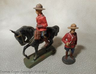 Vintage Elastolin Rcmp Canadian Mountie On Horse & Standing Police Toy Soldiers