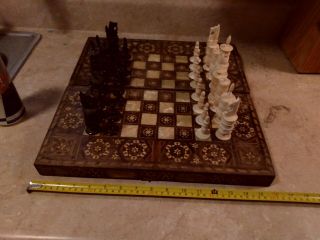 Antique Hand Carved Cow Bone Chess Set,  Plus Antique Inlay Board.