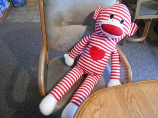 Large 36 " Soft Lightweight Cuddly Red & White Striped Sock Monkey