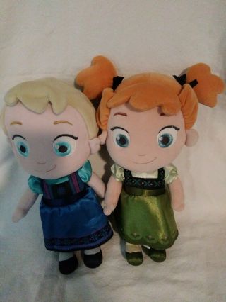 Disney Store Frozen Elsa & Anna Toddler Plush Dolls 12 " Soft Sewn On Features