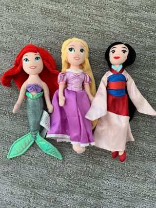 Disney Store Rapunzel Tangled,  Ariel,  Mulon Princess Doll Toy 11” Plush Set 3