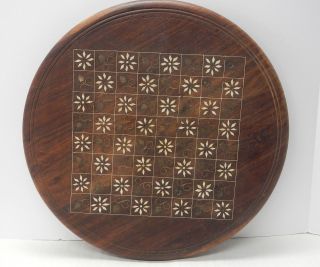 Antique Wood Chess Board Inlaid Mother Of Pearl Brass India Table Top Round Vtg