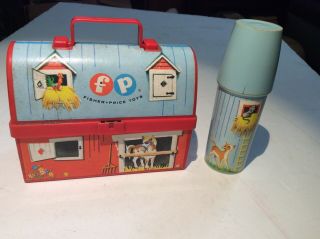Vintage 1962 Fisher - Price Mini Plastic Lunch Box And Thermos Barn Farm