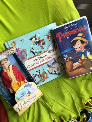 3 Vintage Pinocchio Items 1996 Equity Toys Doll Disney Vhs Movie,  Disney Book