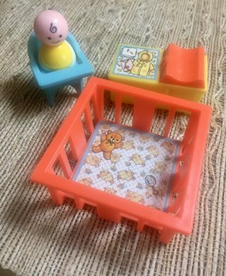 Fisher Price Vintage 1972 Little People Baby,  Play Pen,  High Chair,  Changing T