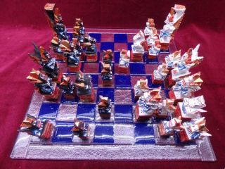 G909: Vintage Wooden Chess Set From Java - Bali.  Hand Carved And Painted.