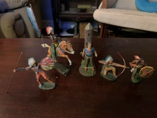 Vintage Elastolin Chef On Horse,  3 Indians And Man Tied To Tree Figures