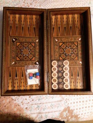 Hand Crafted Inlaid Mother Of Pearl Syrian Backgammon Chess Set 10 "