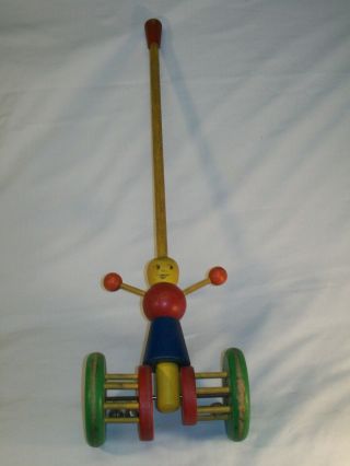 Vintage Playskool Childs Wooden Spinning Push Toy With Bells