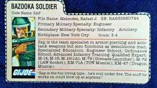 Gi Joe Zap Bazooka Soldier 1982 V.  1 File Card Peach