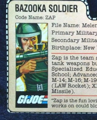 GI Joe ZAP Bazooka Soldier 1982 v.  1 FILE CARD peach 2