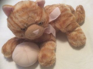 Fao Schwarz Orange Tabby Striped Kitty Cat With Ball Plush Pink Ribbon 14 "
