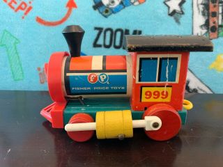 1963 Fisher - Price Huffy Puffy 999 Train Engine Wood Pull Toy Vintage 60s 3