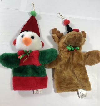 Christmas Plush Hand Puppets Child Fun Game Snowman Reindeer Set Of 2 Holiday