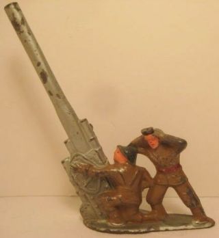 Old Lead Military Soldiers W/ Anti Aircraft Gun & Binoculars - Double Figure