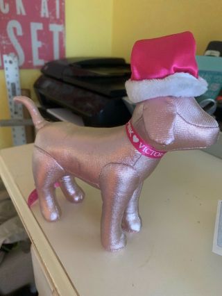 Victoria ' s Secret chrome PINK metallic cloth Stuffed Plush Dog with santa hat 2