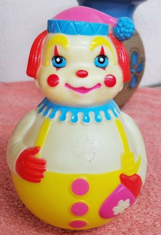 1972 The First Years Kiddie Products Plastic Roly Poly Musical Clown Toy 6 1/4 "