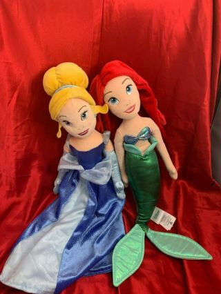2 Disney Store Plush Stuffed Princess Ariel Little Mermaid & Cinderella Dolls