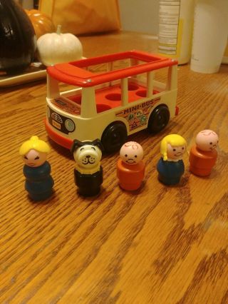 Vintage Fisher Price Little People White/red Mini Bus 141,  With 5 Figures