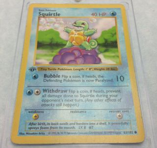 Pokemon Base Set Squirtle 63/102 Shadowless 1st Edition Common Card