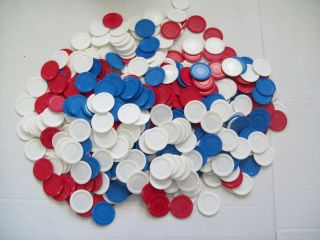 490 Vintage Plastic Poker Chips Red White Blue Tripoly Card Games