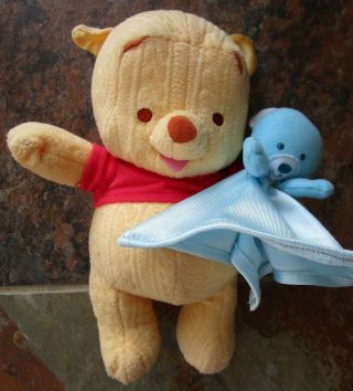 Fisher Price Baby Winnie The Pooh Plush Doll W/ Blue Blanket Bear Sewn Eyes Euc