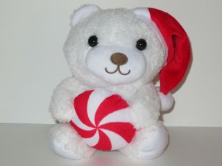 Hallmark Plush White Teddy Bear Red Santa Hat Peppermint Christmas Stuffed Polar