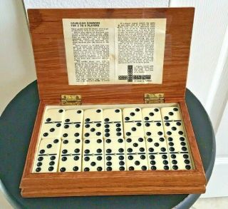 28 Vintage Double - Six Dominoes w/Brass Spinners in Wood Box With Brass Duck Top 2