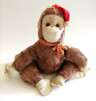 Vintage 10 " Stuffed Monkey W/ Santa Hat Tagged Made In Japan