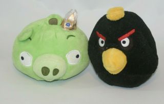 Set Of 2 Angry Birds Plush Green King Pig & Black Bomb Bird 5 " - No Sound