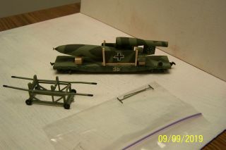 Flat Car Custom Built And Painted With A V - 1 Rocket As Load.  Ho Scale.