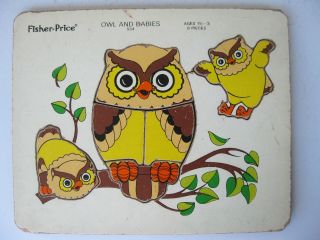 Vintage 1974 Fisher - Price 554 Owl And Babies Wood Hardboard Puzzle