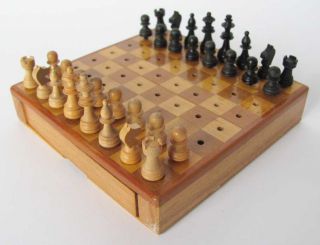 19c.  Antique Wooden Handmade Mini Travel Chess Set W/box