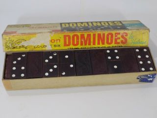 Vintage Halsam 622 Double Six Dragon Dominoes 28 Piece Set Dark Brown Wood Rare