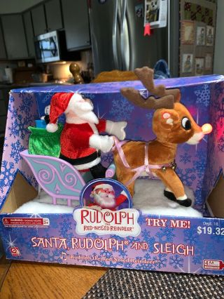 Santa ' s Sleigh & Rudolph The Red Nose Reindeer Gemmy Animated Musical Figure NIB 3