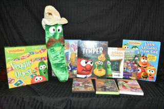 Veggietales Larry The Cucumber 20 " Plush,  7 Books,  3 Dvds,  Veggie Quest Game Euc