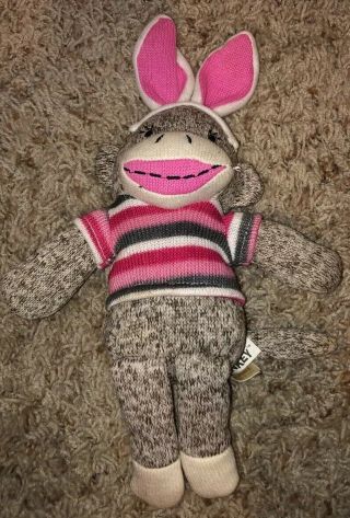 Sock Monkey Plush Dan Dee 12 " Bunny Rabbit Ears Pink Stripe Shirt Stuffed Animal