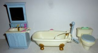 Fisher Price Loving Family Dollhouse Blue & White Bathroom Tub Sink Toilet