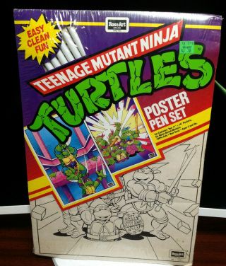 1989 Vintage Teenage Mutant Ninja Turtles Rose Art Poster Pen Set Rare