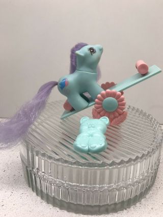 Vintage My Little Pony G1 Newborn Baby Puddles With Seesaw Blue Pink And Brush
