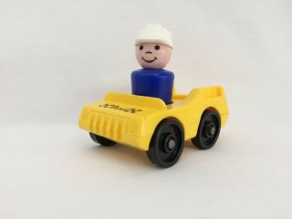 Vintage Fisher Price Little People Blue Man White Hat Htf Taxi Car Very Good