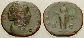 041.  Roman Bronze Coin.  Faustina Sr.  Ae - As.  Rome.  Vesta.  Vg