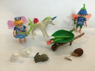 Playmobil Fairies W/pink Wings,  Baby Unicorn,  Bunnies,  Leaf Barrow And Hedgehog