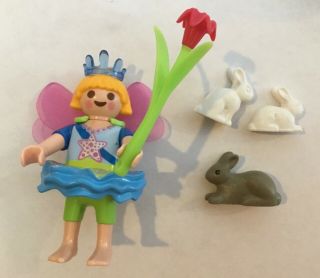 Playmobil Fairies w/Pink Wings,  baby unicorn,  bunnies,  leaf barrow and hedgehog 2